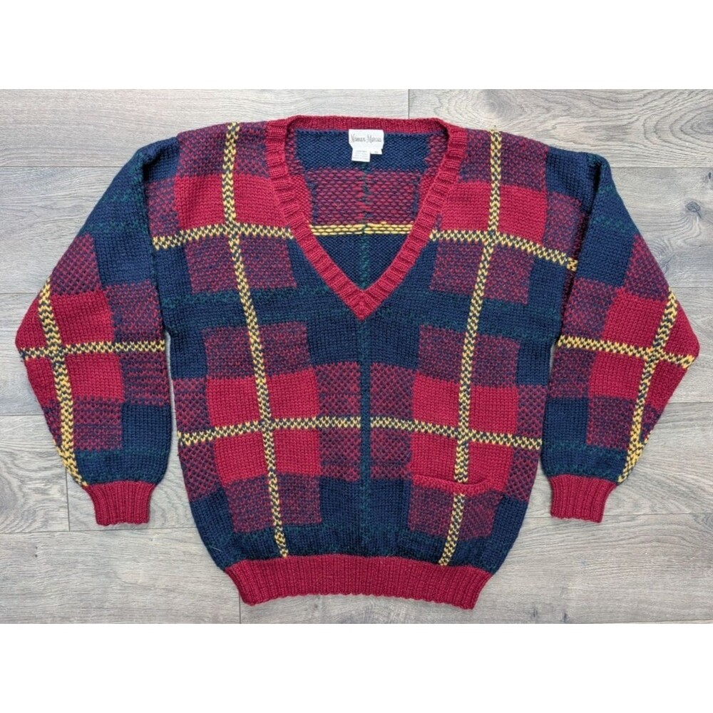 Neiman Marcus Women’s Hand Knit 100% Wool Sweater Plaid Check V-Neck Size M Vtg.